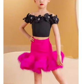 Girls kids black with fuchsia feather competition latin dance dresses stage performance model show ballroom salsa dance wear for kids